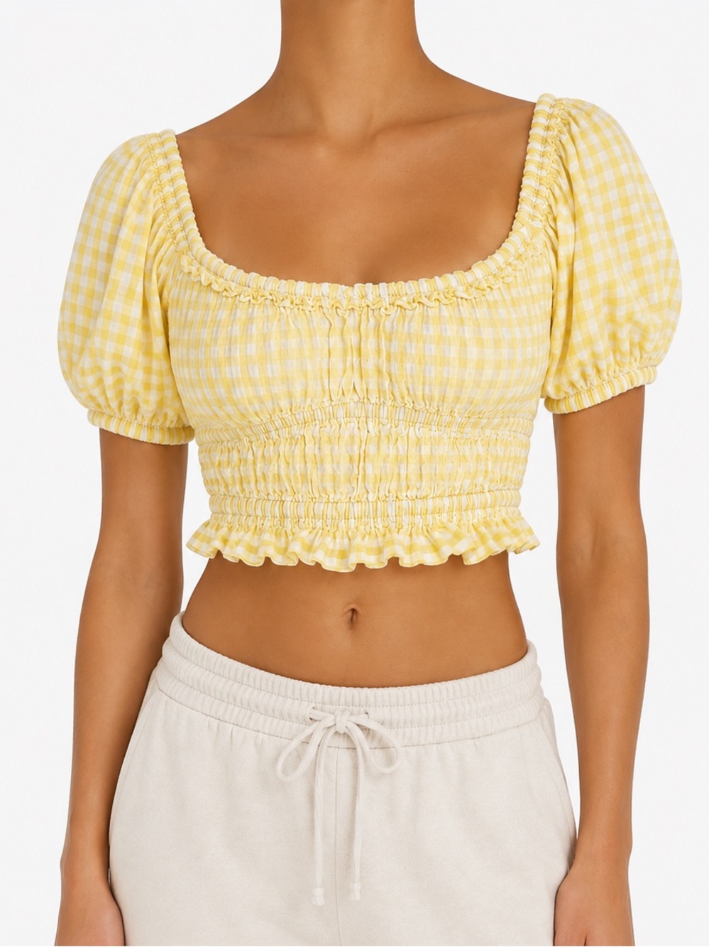 AND NOW THIS Yellow Gingham Smocked Puff Sleeve Crop Top Size M